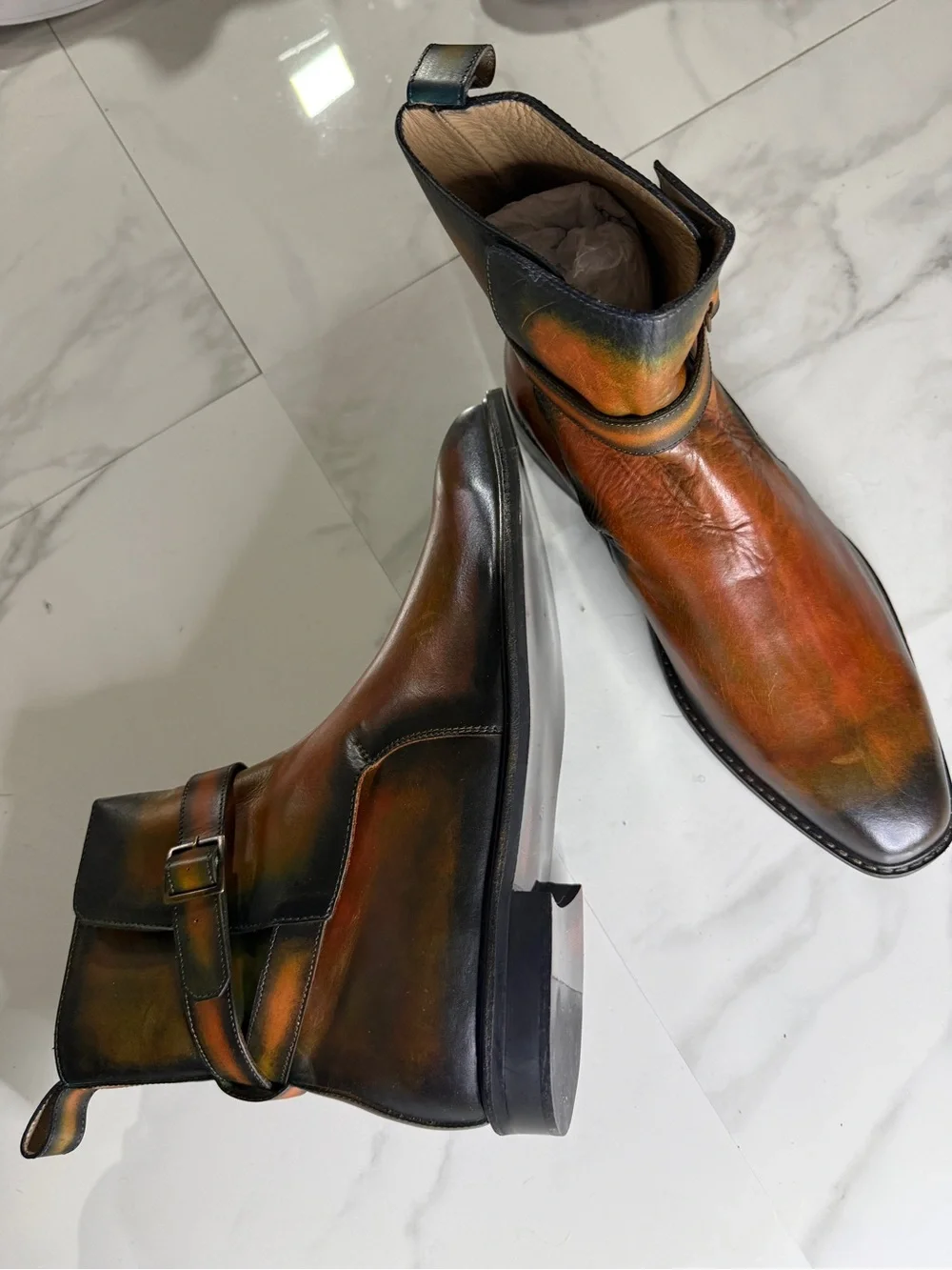 Men's Distressed Leather Harness Boots - Multi-Tone Brown